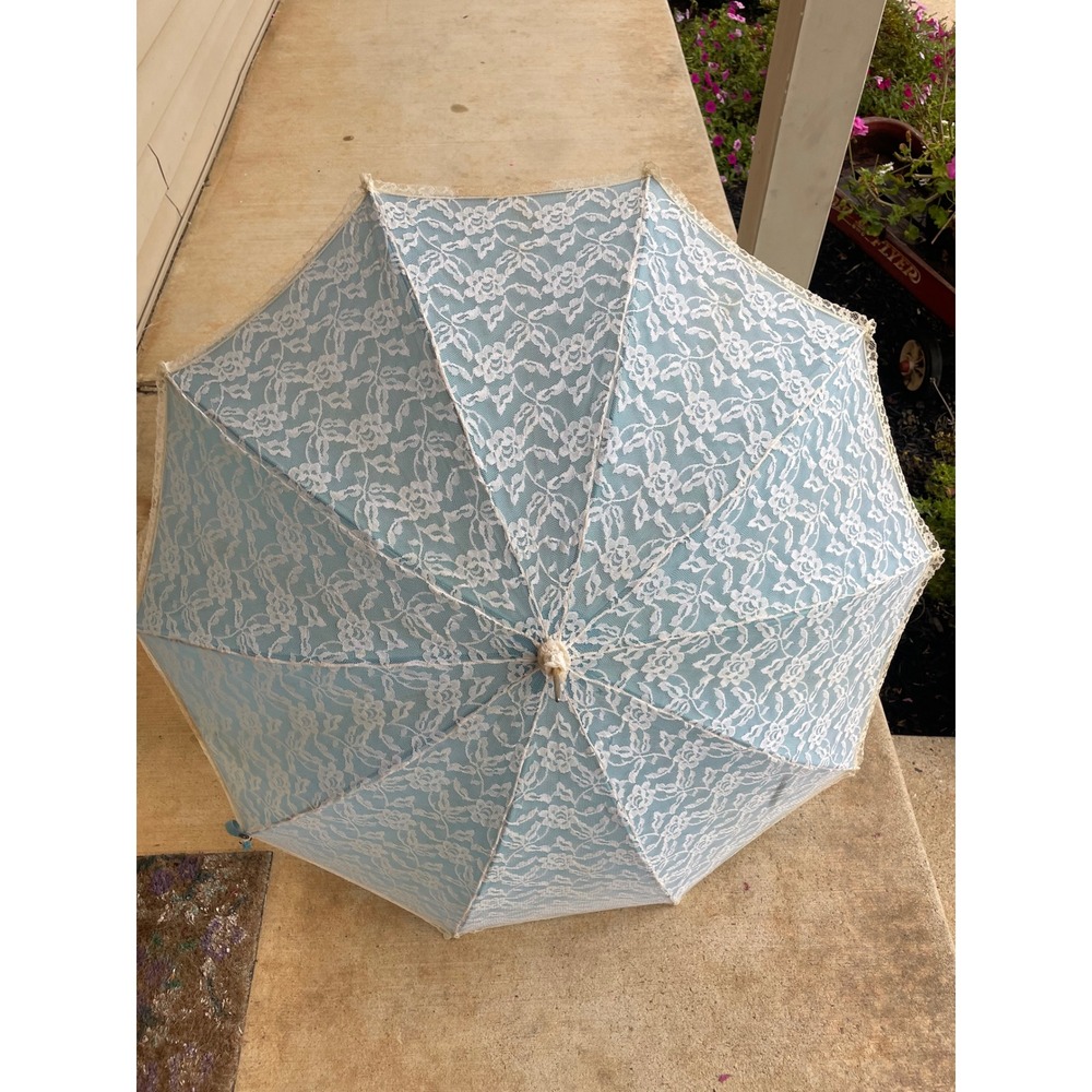 Vintage Blue Lace Parasol Umbrella Floral made in France lather handle